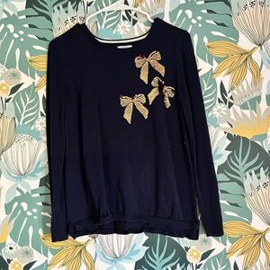 Crown Ivy Girls XL 100% Cotton Sequin Bow Navy Blue Sweater Holiday Sweater